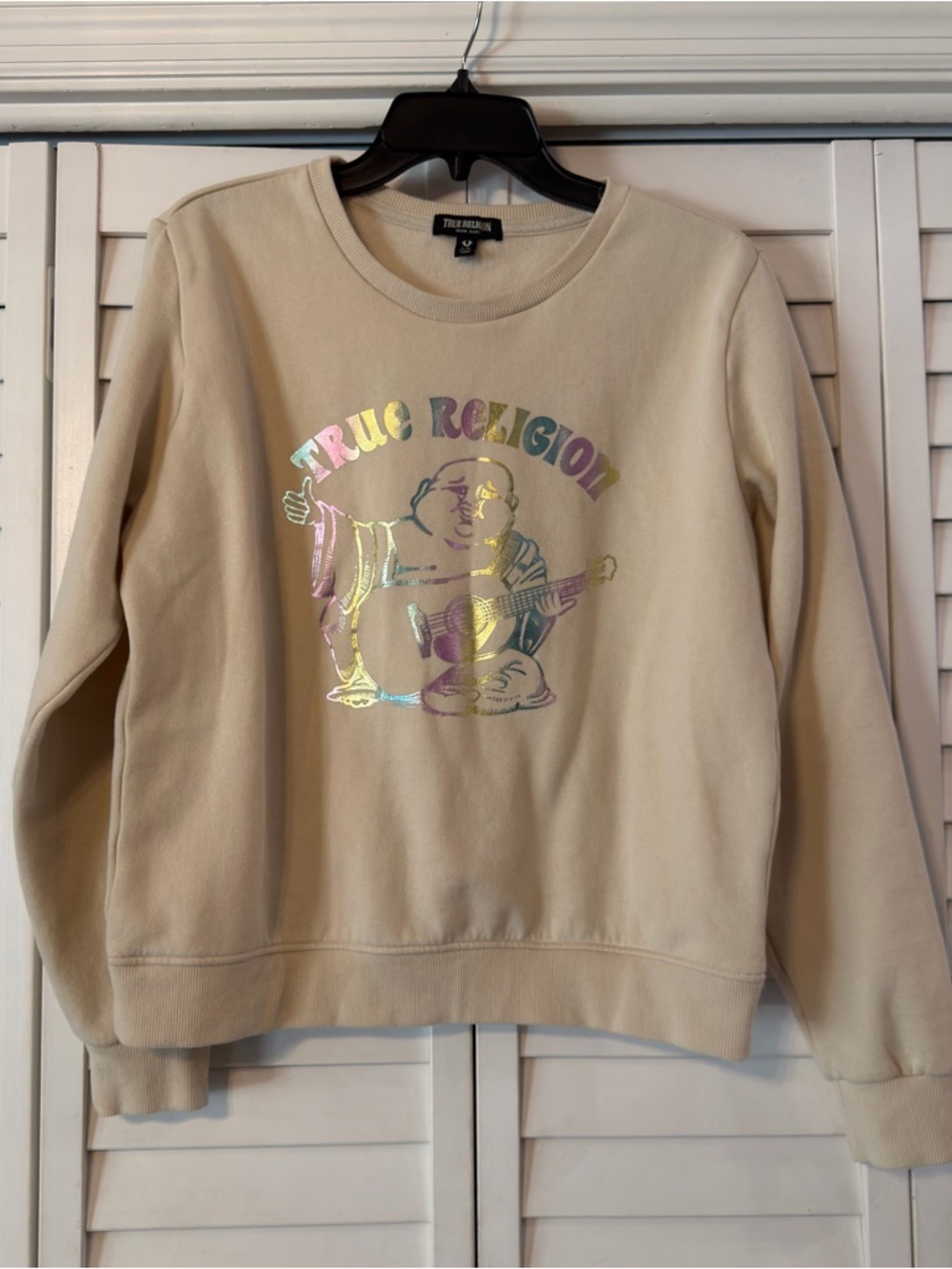 True Religion Crewneck Sweatshirt with iridescent Buddha logo.  Size L.